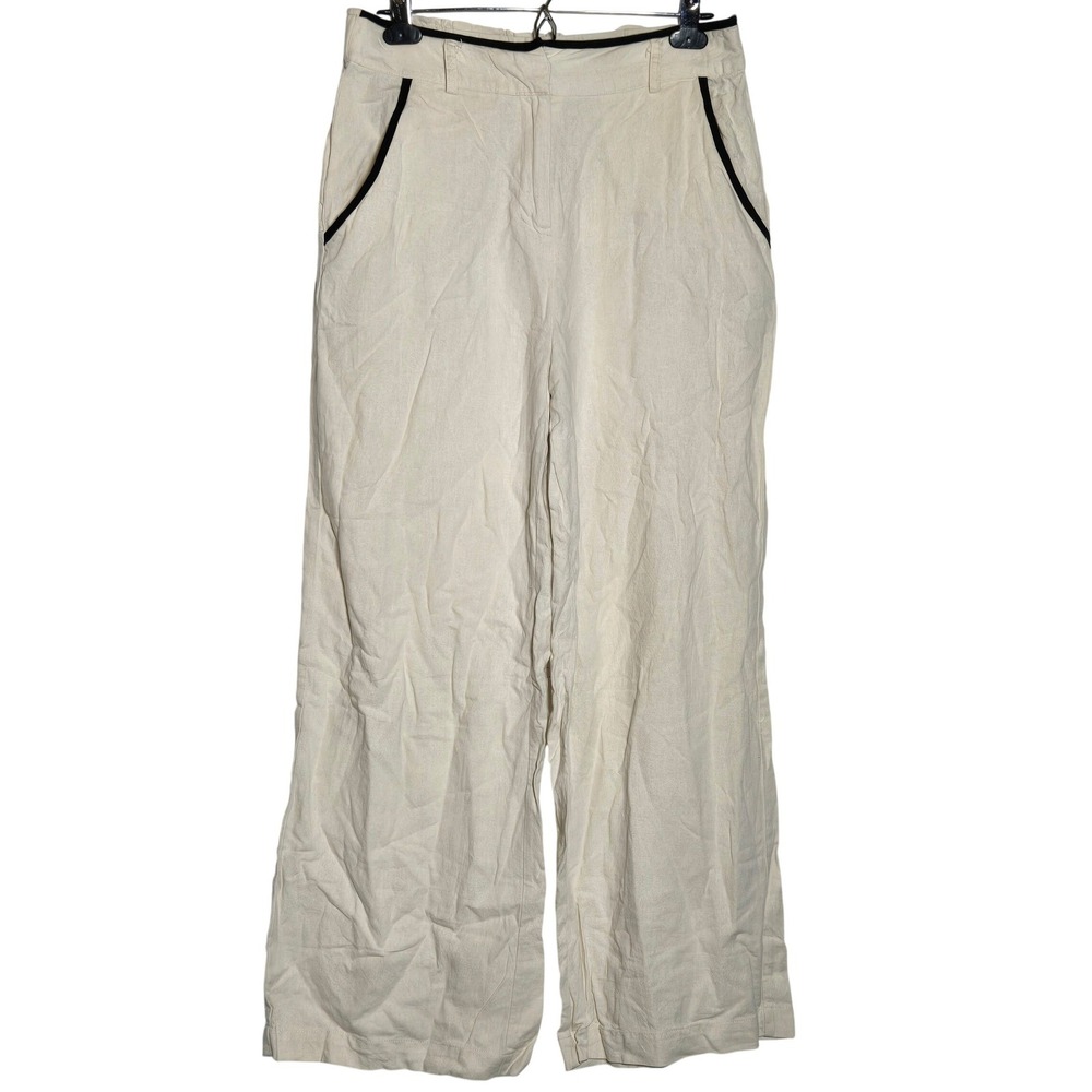Tahari Womens Cream Linen Blend Wide Leg Pants Medium Capsule Quiet Luxury